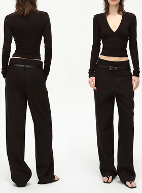 现货纯欲辣妹深V领分割打底衫上衣高级感修身弹力显瘦收腰T恤女