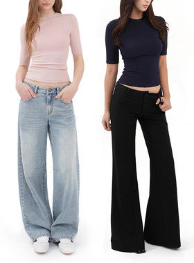 现货辣妹纯欲小圆领正肩五分袖中袖T恤上衣气质修身显瘦收腰女夏