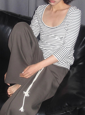 现货 条纹天丝长袖7分袖u领T恤女内搭打底衫修身显瘦上衣休闲百搭