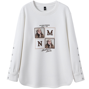 纯棉宽松大码圆领图案印花长袖t恤卫衣女春秋冬装加绒打底衫外穿