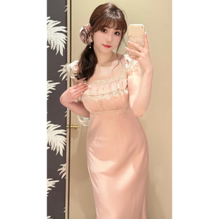 甜美复古风！纯元贵牌~LB家 气质蕾丝边拼接缎面吊带连衣裙262149