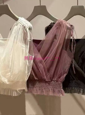 温柔气质风！原厂出~S家 甜美纯色交叉系带薄纱无袖性感衬衫上衣