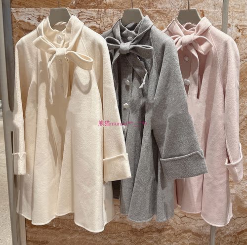 甜美蝴蝶结双面毛呢羊毛大衣外套