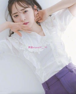 杂志款推荐!经典~独+纯圆S家 不对称V领荷叶褶边衬衫