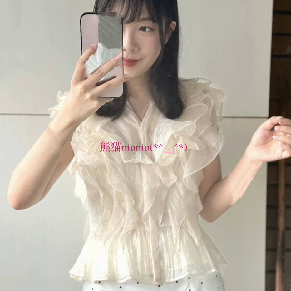 纯色V领荷叶边无袖收腰雪纺衬衫