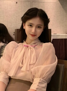 短袖新款！周也秀~纯圆S家 蝴蝶结系带泡泡袖雪纺衬衫
