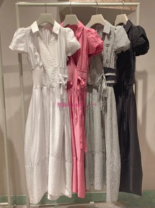 甜美气质风！纯圆款S家 翻领收腰拼接绑带泡泡袖连衣裙