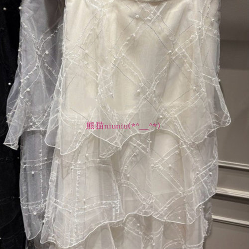 钉珠刺绣格纹层叠蛋糕网纱半身裙