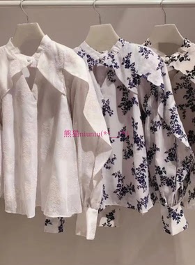 优雅宫廷风！纯圆S家 荷叶边袖植绒印花欧根纱雪纺衬衫