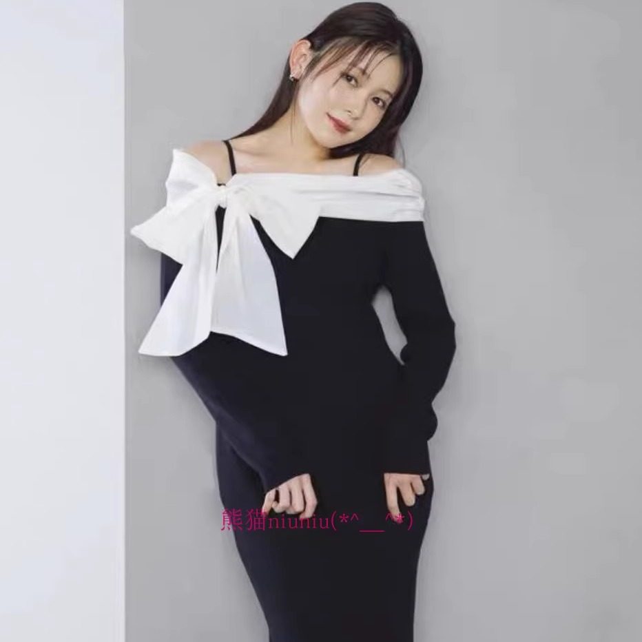甜美一字肩蝴蝶结绑带针织连衣裙
