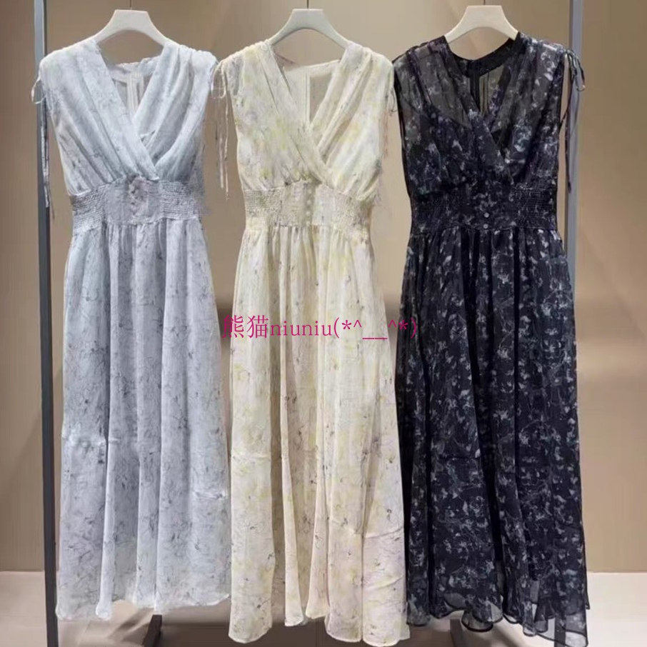 气质V领系带印花无袖收腰连衣裙