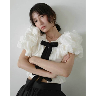 现货 上衣10122 松本惠奈C1ane 衬衫 4093 前后穿蝴蝶结泡泡袖 纯元