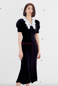 优雅曲线美！纯圆款S家 可拆卸花边领泡泡袖鱼尾连衣裙