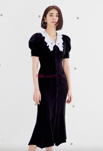 优雅曲线美！纯圆款S家 可拆卸花边领泡泡袖鱼尾连衣裙