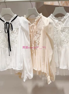 甜美宫廷风！纯圆S家 刺绣蕾丝花边系带泡泡袖雪纺衬衫