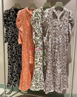 温柔气质风！纯圆款S家 收腰泡泡袖V领印花系带连衣裙