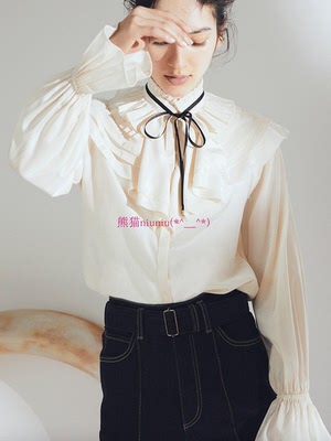 宫廷风贵牌！独+原LB家 可拆卸立领荷叶边飘带衬衫上衣