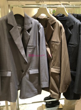 甜酷气质风！纯圆S家 纯色不对称翻领单排扣女西装外套