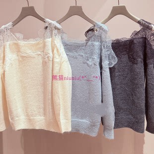 又甜又欲 气质蕾丝拼接一字领露肩针织衫 纯元 S家 贵牌 25年新色