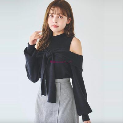 甜美纯色扭结绑带露肩针织衫毛衣