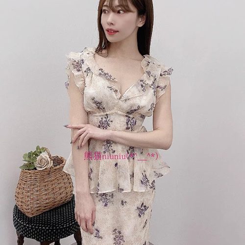 印花系带衬衫+鱼尾半身裙两件套