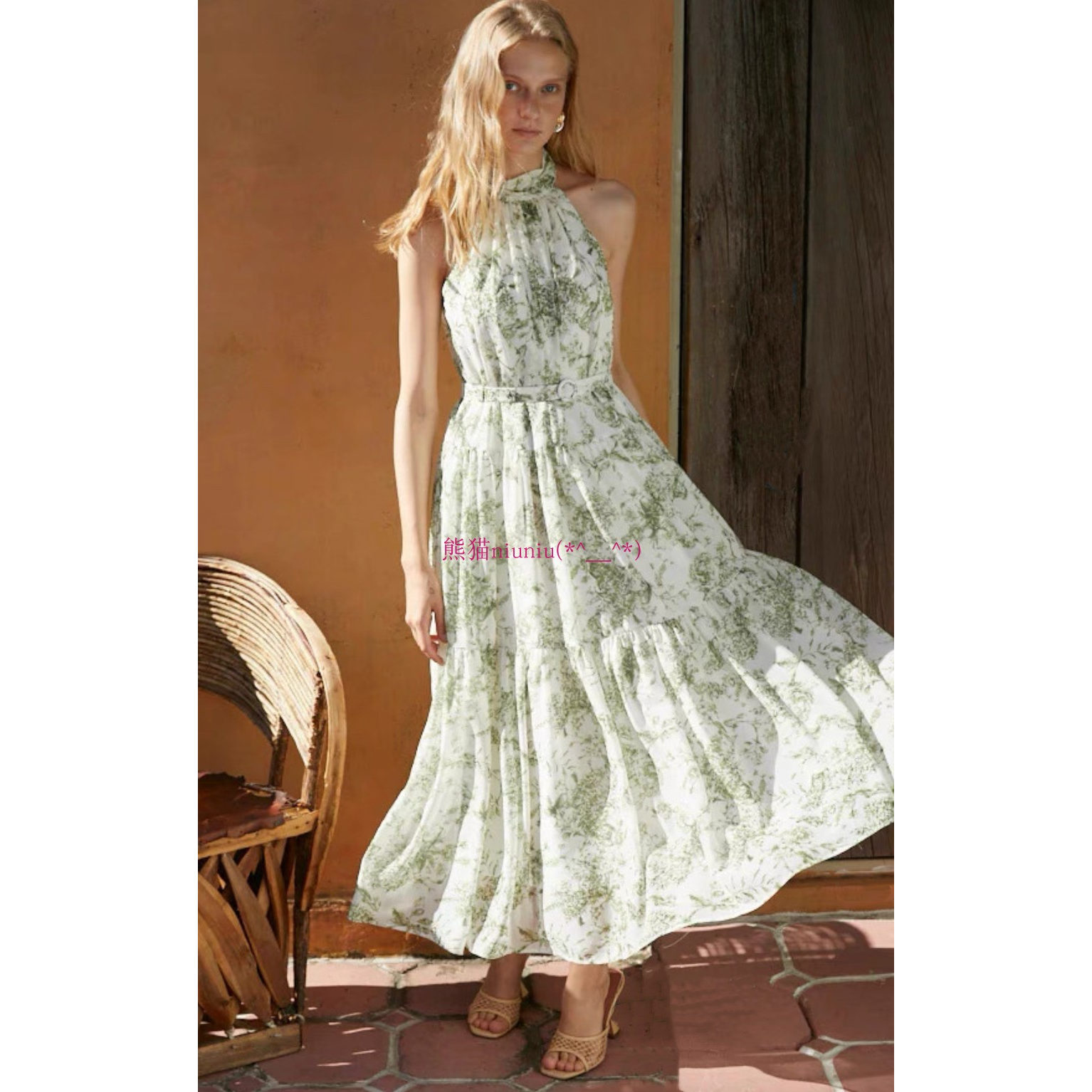 纯元贵牌！小众日系~甜美气质后系带挂脖露肩印花连衣裙125151372