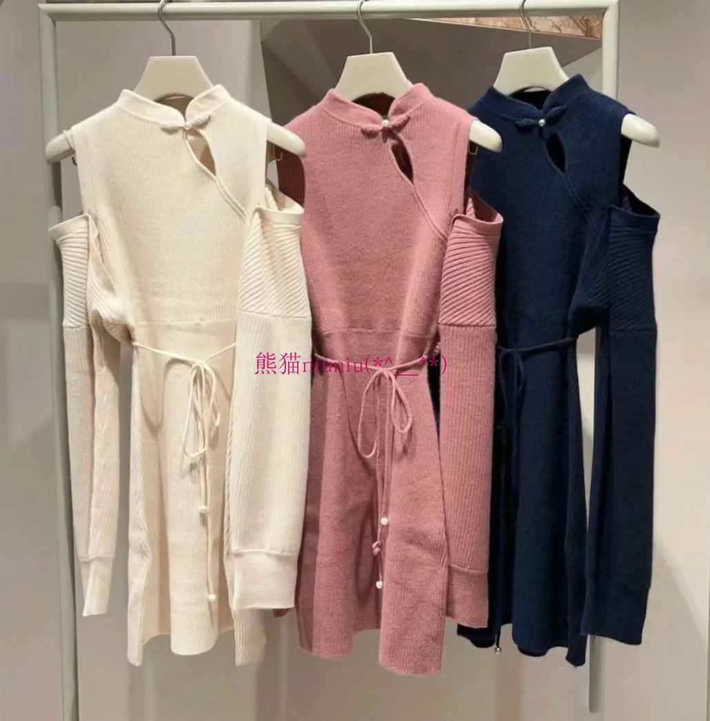 甜美温柔系！纯圆S家 盘扣露肩收腰系带针织毛衣连衣裙,女装/女士精品,连衣裙,淘宝优惠券,粉丝福利购,淘宝优惠卷