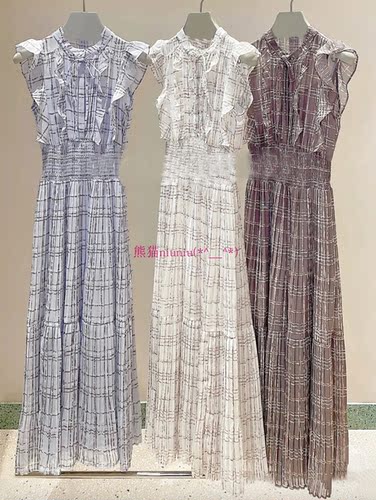 甜美小飞袖荷叶边收腰格纹连衣裙