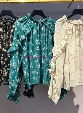 欧阳娜娜秀！纯圆M家 日系荷叶边碎花百搭雪纺衬衫