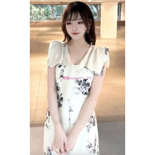 水手翻领系带无袖收腰印花连衣裙