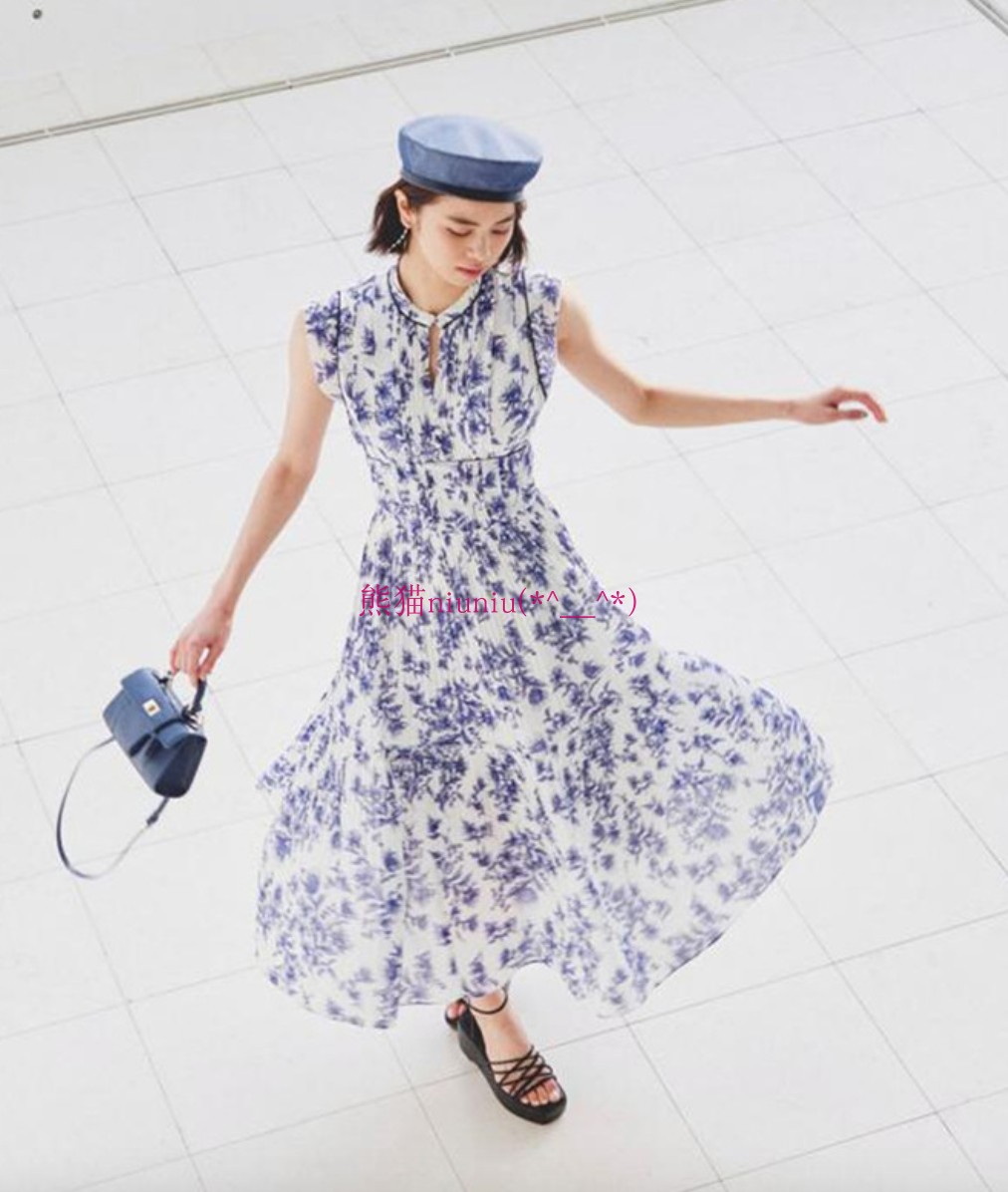 国风印花立领百褶高腰系带连衣裙