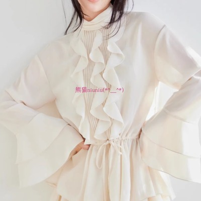 仙仙荷叶边雪纺上衣+半身裙套装