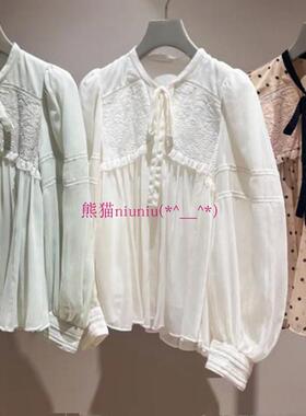 甜美宫廷风！纯圆S家 领口系带蕾丝镂空泡泡袖雪纺衬衫