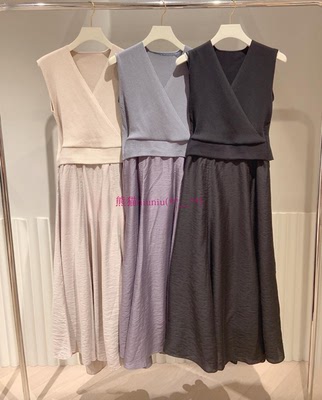 交叉V领无袖针织拼接雪纺连衣裙