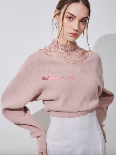 V领蕾丝拼接假两件针织毛衣衫