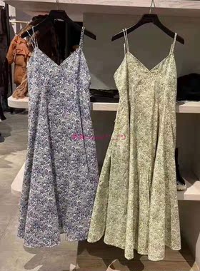 复古惊艳法式！纯圆M家 雪纺碎花V领吊带连衣裙女