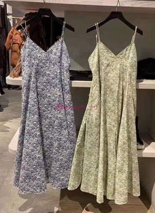 复古惊艳法式！纯圆M家 雪纺碎花V领吊带连衣裙女