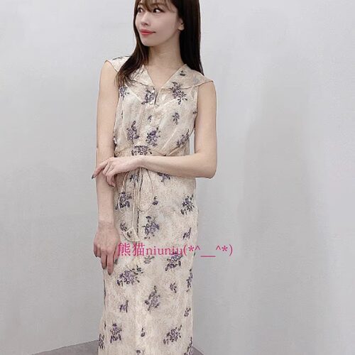 甜美印花水手领无袖长款连衣裙