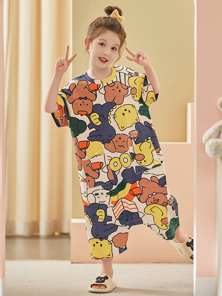 SUMMER AIR-CONDITIONED CLOTHES COTTON CHILDRENS ONE-PIECE PAJAMAS KICK-PROOF BABY GIRLS SHORT SLEEVES ROUND NECKS MIDDLE AND BIG CHILDREN CARTOONS CUTE