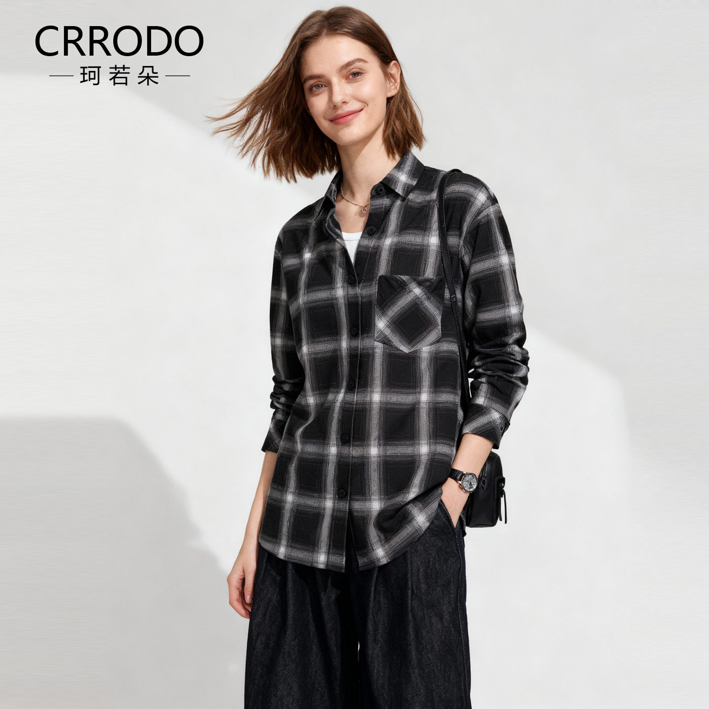 格子衬衫女长袖黑白撞色叠穿衬衣
