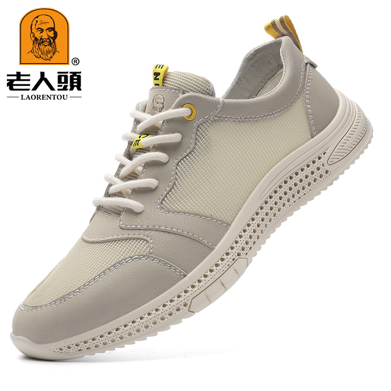 老人头男鞋2025新款夏季真皮软底透气运动镂空休闲板鞋防滑网面鞋