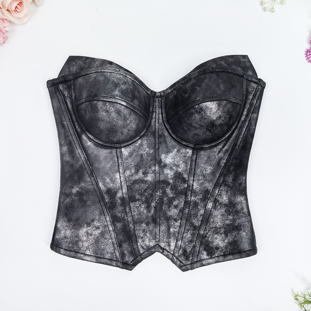 欧美PU皮晕染复古抹胸外穿质感美背紧身胸衣宫廷束腰小众鱼骨胸衣
