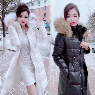 羽绒服2025修身保暖韩版长款时尚常规连帽过膝超大毛领收腰新款潮