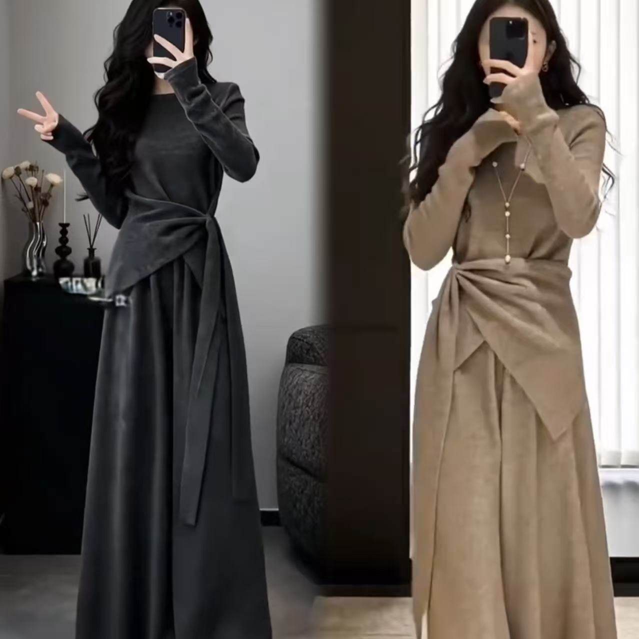 韩系复古灰色上衣阔腿裤两件套