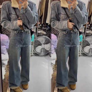 早春韩版加绒上衣牛仔套装女新款羊羔毛翻领短款外套阔腿裤两件套