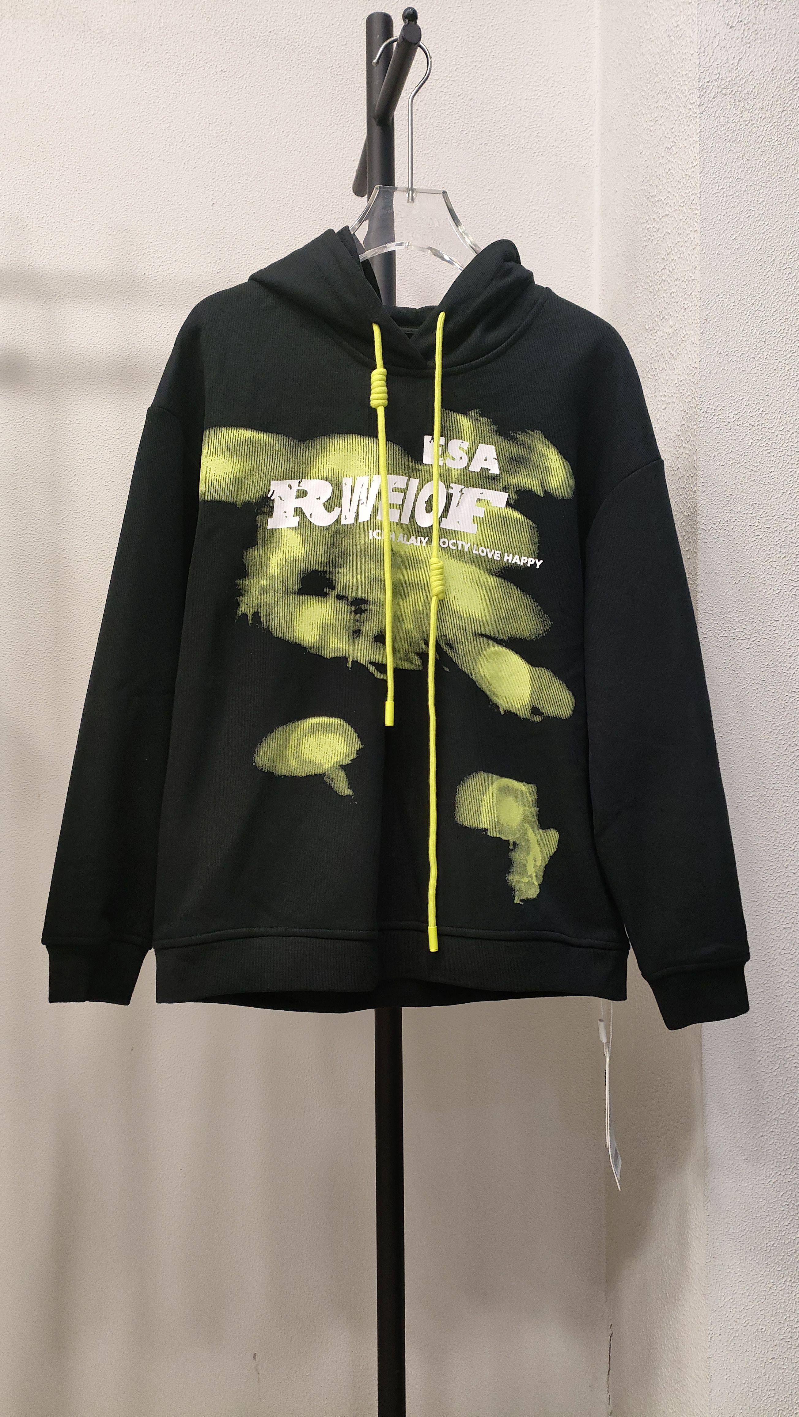 华丹ni正品亏清冬装黑色连帽字母印花宽松休闲设计感加绒卫衣女