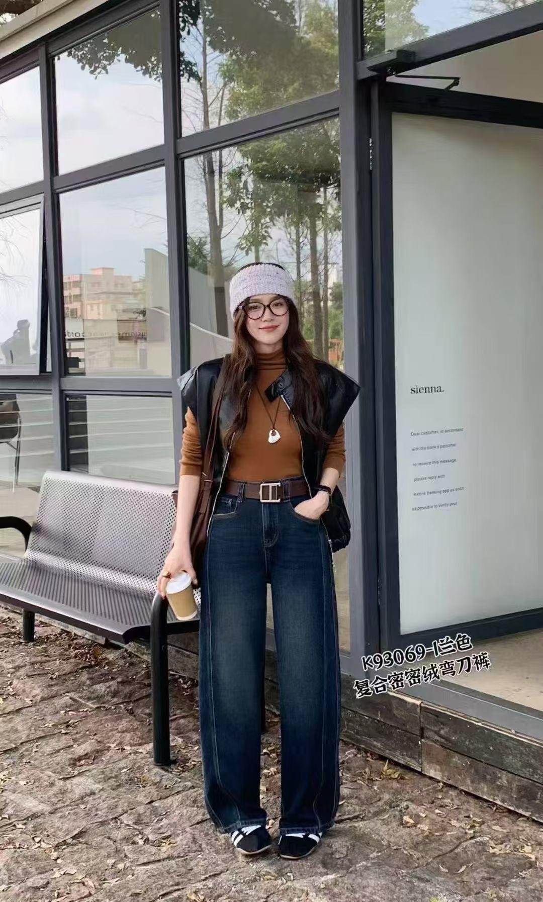 黎博林正品 冬装上新 时尚百搭复合厚绒阔腿弯刀裤休闲牛仔裤女