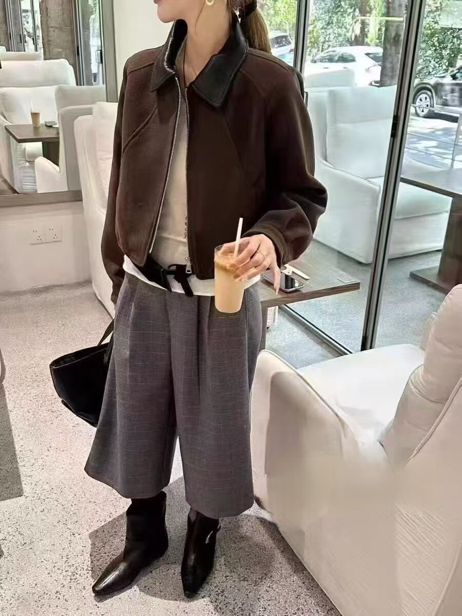 蜜糖家正品亏清初春韩版拼接PU皮领宽松显瘦百搭高腰短款毛呢外套