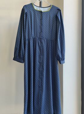 钡He正品断码亏清 初秋新款 法式复古蓝色碎花高腰显瘦长袖连衣裙