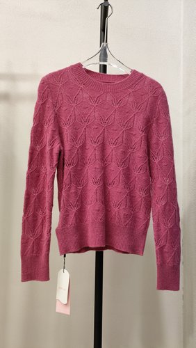 正品亏清 初春新款 玫粉色100%羊毛圆领镂空针织百搭套头毛衫女